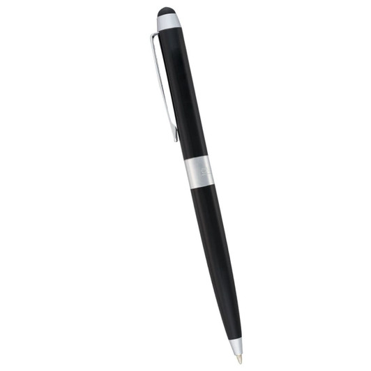 A black dual ballpoint stylus pen with a silver band and a clip for easy attachment.