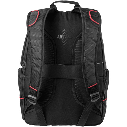 A black backpack with red accents, featuring padded straps and multiple compartments. It has a logo on the back.