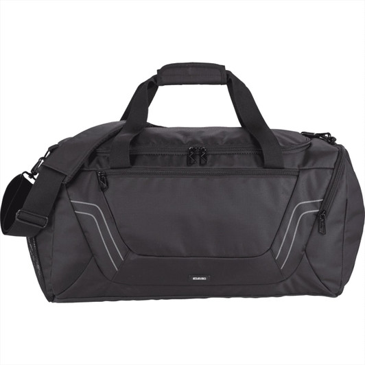 A black travel duffel bag with a shoulder strap, featuring multiple zippered compartments and a logo.