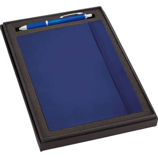 A navy gift set featuring a journal and a blue pen, presented in a sleek black box with foam interior.