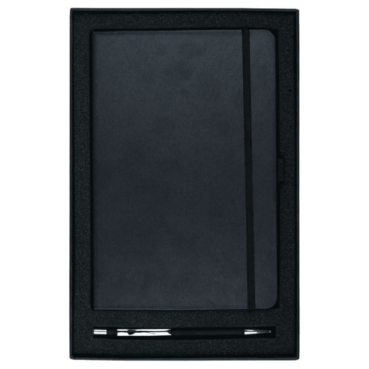 A black gift set featuring a JB1008 Nova journal and a 6018 Gorcia pen, presented in a stylish box.
