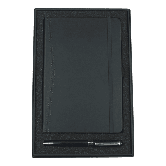 A black gift set featuring a pocket journal and a twist ballpoint pen, packaged in a stylish box with a logo.