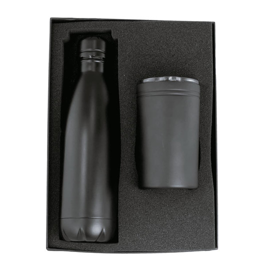 A drink bottle and tumbler gift set in black, presented in a protective box with foam padding.
