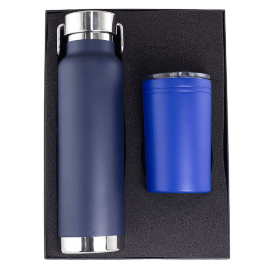 A drink bottle and tumbler set in navy blue, presented in a black gift box with a textured insert.