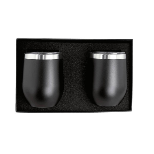 A gift set of two black insulated coffee mugs with silver accents, presented in a black box.