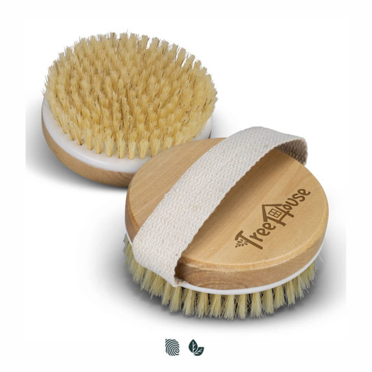 A wooden body brush with bristles and a fabric handle, featuring a logo on the side.