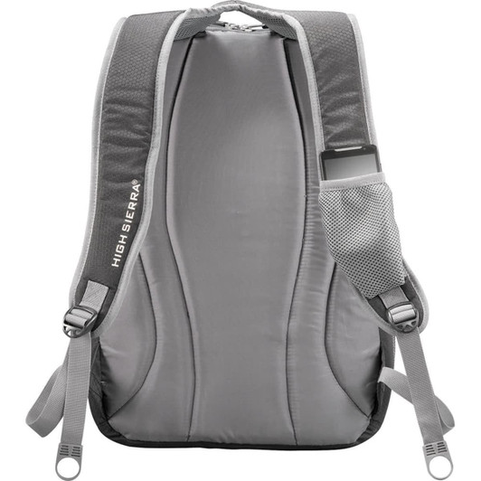A grey backpack with padded straps and a side pocket, featuring a logo on the side.