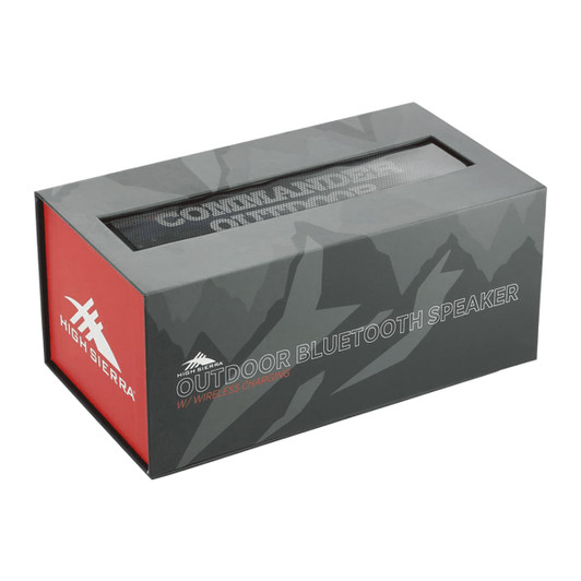 A grey and red box containing a High Sierra outdoor Bluetooth speaker with wireless charging features.