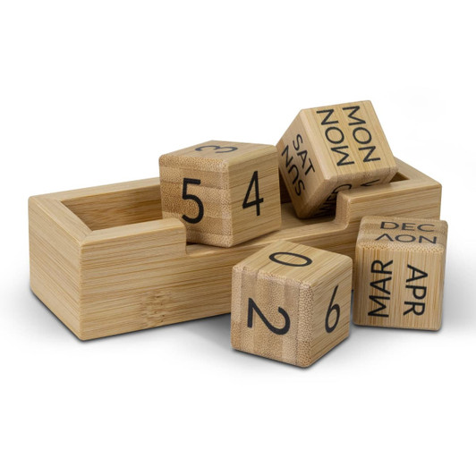 A bamboo desk calendar featuring wooden blocks with numbers and month names, presented in a matching bamboo holder.