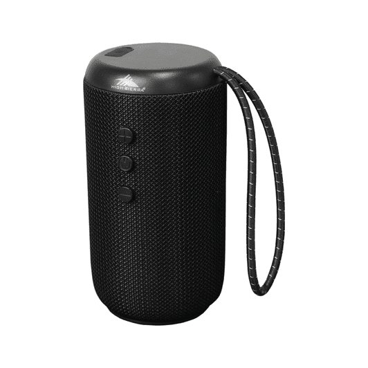 A cylindrical black Bluetooth speaker with a textured surface, buttons on the front, and a carrying strap.