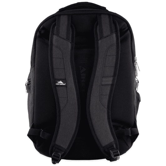 A black laptop backpack with padded shoulder straps and a sleek design, featuring a logo.