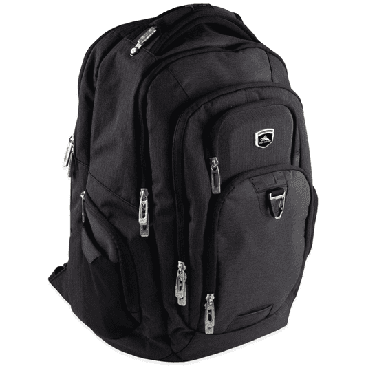 A black laptop backpack with multiple pockets and zippers, featuring a logo on the front.