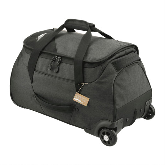 A wheeled duffel bag in charcoal grey with dual handles and a zippered front pocket. Features a logo.