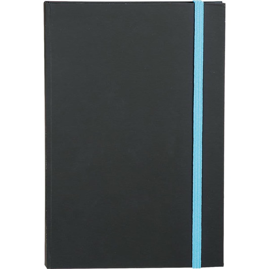 A black journal with a teal elastic band, featuring a sleek, minimalist design and a logo on the cover.