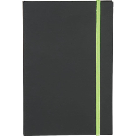 A black journal with a bright green elastic band, featuring a logo on the front cover.