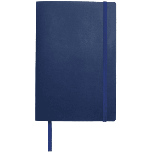 A soft-bound journal in navy blue, featuring an elastic closure and a ribbon bookmark, with a logo on the cover.