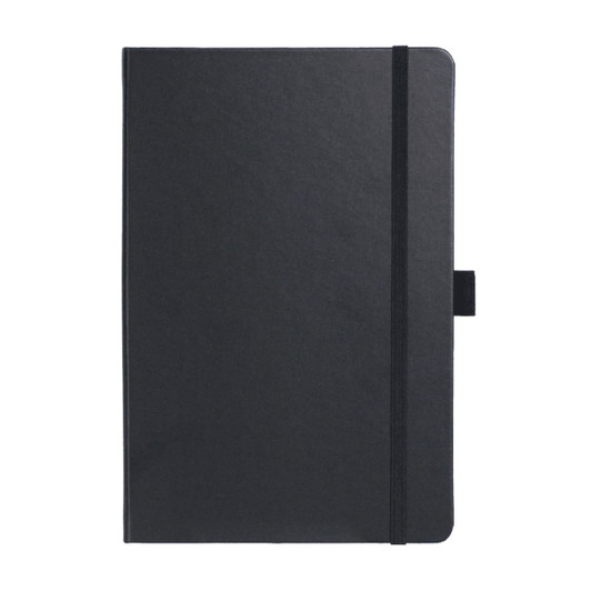 A black notebook with a smooth cover, featuring an elastic band and a bookmark ribbon. It has a branded logo.