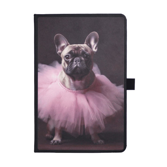 A notebook featuring a French bulldog in a pink tutu on the cover, with a black spine and closure.