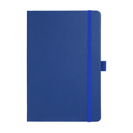 A blue journal with a elastic band closure and a small tab. It has a logo on the front cover.