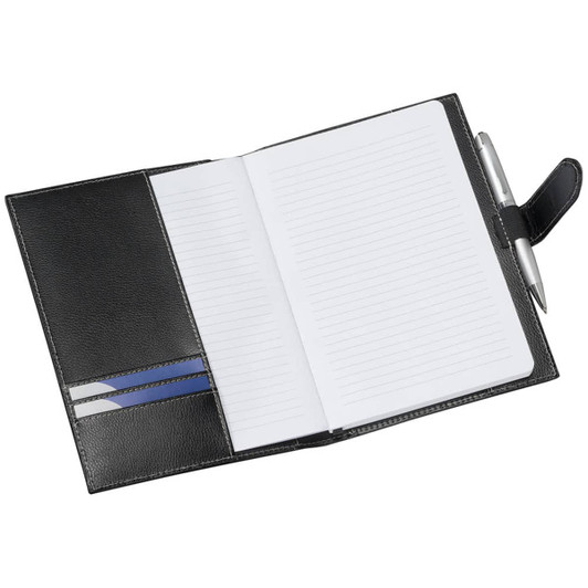 A5 journal cover in black with lined pages and a pen, featuring slots for cards and a logo.