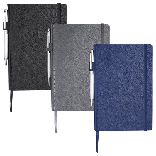 A set of three Modena Bound JournalBooks in black, grey, and navy, each with a pen attached and an embossed texture.