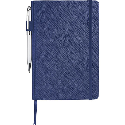 A navy blue journal with a textured cover, featuring an elastic band closure and a silver pen attached.