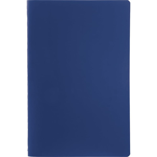 A navy blue Solid Saddlestitch Bound JournalBook featuring a smooth cover and a logo on the front.