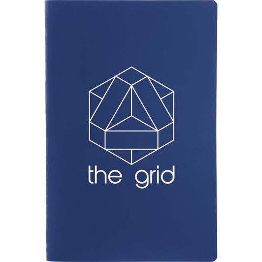 A navy blue notebook with a geometric design on the front, featuring a logo or branding.