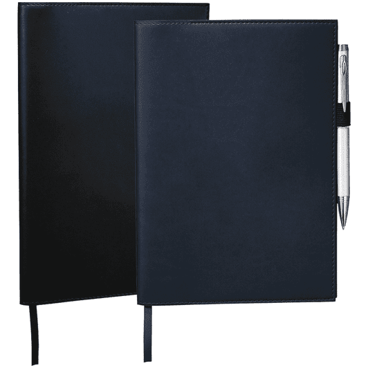 A pair of refillable journal books in black and navy, featuring a sleek design and a pen attached.