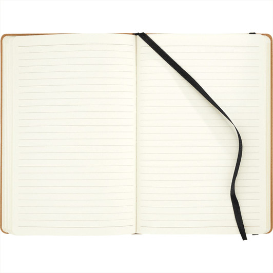A brown-bound journal with lined pages and a black ribbon bookmark, featuring a logo on the cover.
