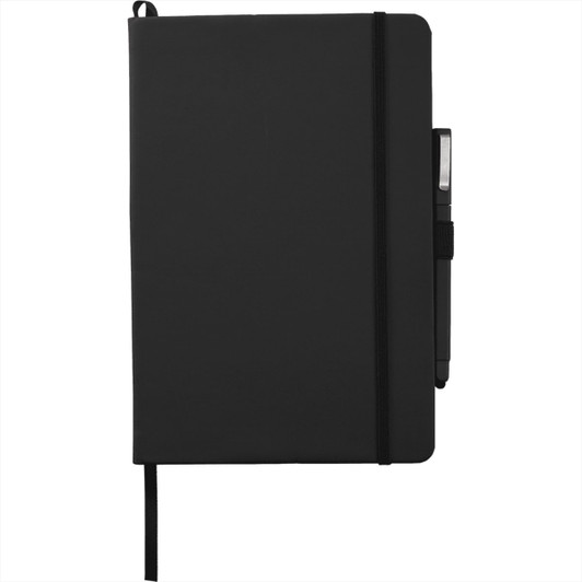 A black hard-bound journal with an elastic closure and a pen loop, featuring a logo on the cover.