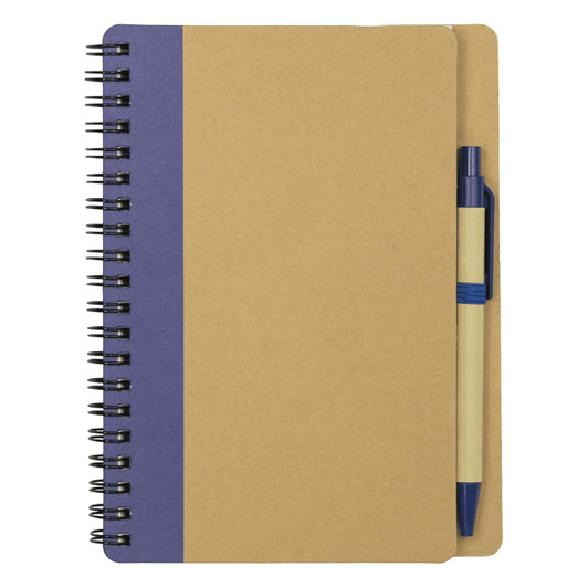 A brown notebook with a blue section on the cover and a blue ballpoint pen attached. Features a spiral binding and a logo.