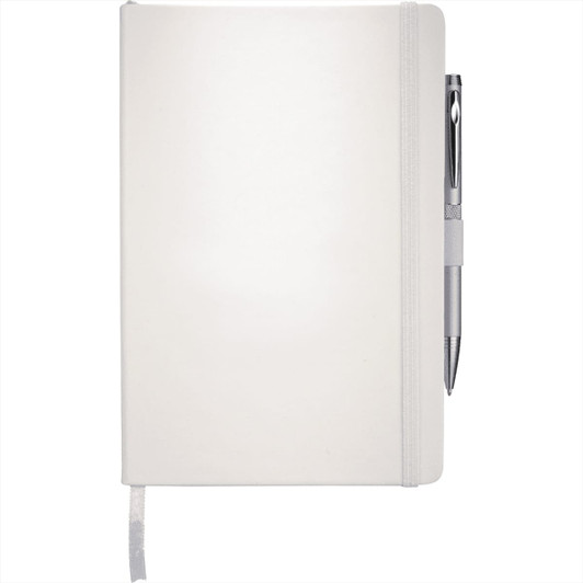 A white journal with blank pages and a silver pen attached. It has a sleek, minimal design and an elastic band closure.