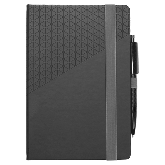 A black notebook with a geometric design and an attached pen, featuring an elastic closure.