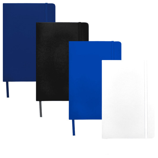 A set of four A5 hard cover notebooks in navy blue, black, bright blue, and white, each with a logo.