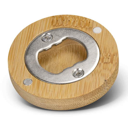 A drink bottle opener made of bamboo with a stainless steel cap remover, featuring a circular design.