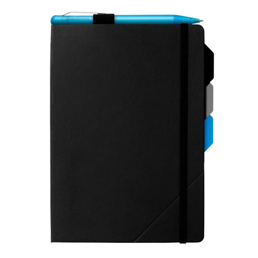 A black notebook with a blue pen attached, featuring coloured tab dividers and a black elastic closure.