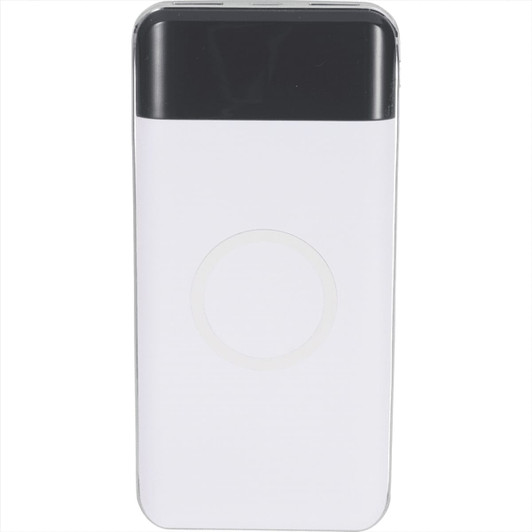 A white and black wireless power bank with a display and a circular charging pad. It also features a logo.