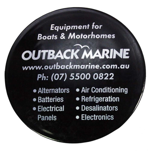 A black round coaster featuring a logo and text related to marine equipment and services.