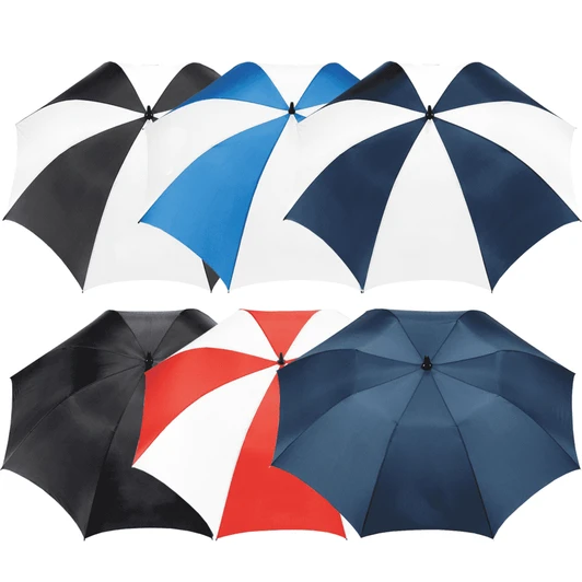 A range of golf umbrellas in black, white, blue, red, and navy, featuring a central logo on each.