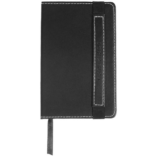 A black notebook with white stitching and a strap, featuring a logo on the cover.