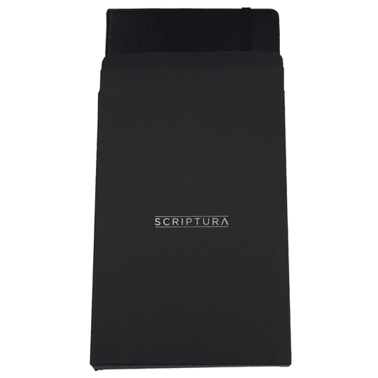 A black A5 journal book featuring a sleek design and a logo on the front cover.