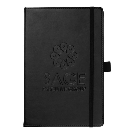 A black A5 journal with a textured cover, featuring an embossed logo and an elastic closure.