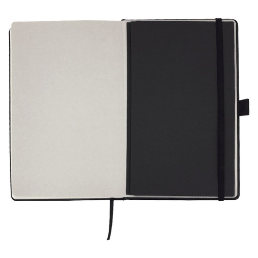 An A5 journal with a black cover, featuring blank pages and a black elastic closure.