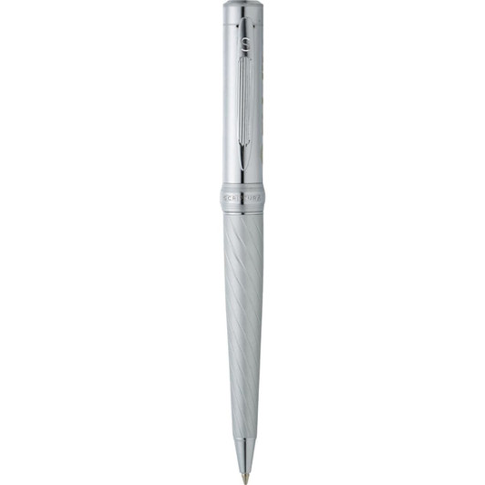 A sleek silver ballpoint pen with a spiral design and a shiny finish, featuring a branding logo.