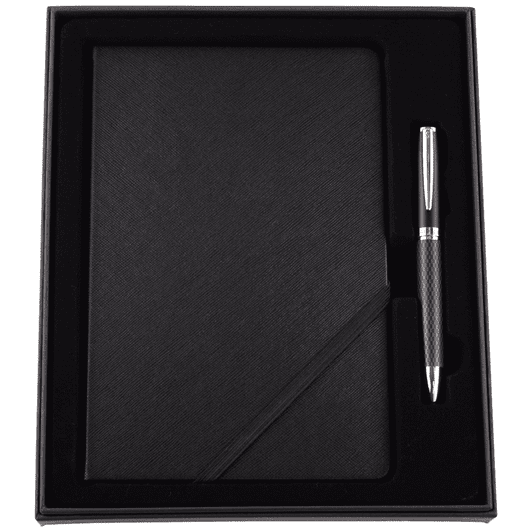 A black notebook with a textured finish and a silver pen, presented in a stylish gift box.