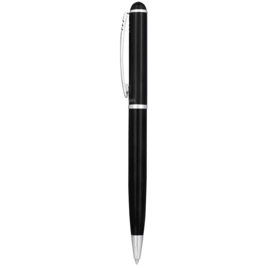 A sleek black pen with a silver clip and detailing, featuring a smooth finish and a logo.
