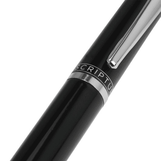A black metal ballpoint pen with a shiny silver clip and a branding logo.