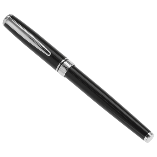 A metal rollerball pen in black with silver accents and a sleek design. It features a branding logo.