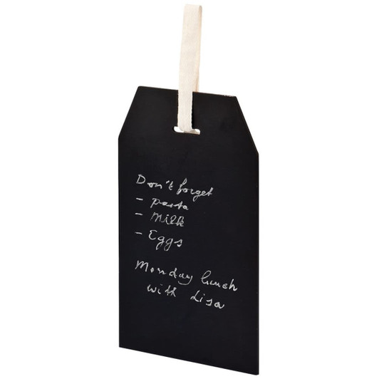 A blackboard tag with a rustic design, featuring a hanging string and handwritten notes in white chalk.
